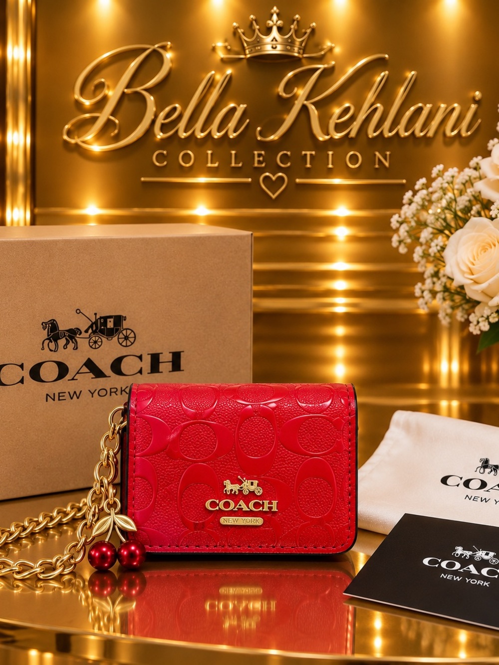 Coach Red Signature Leather Card & Key Holder with Gold Charm
